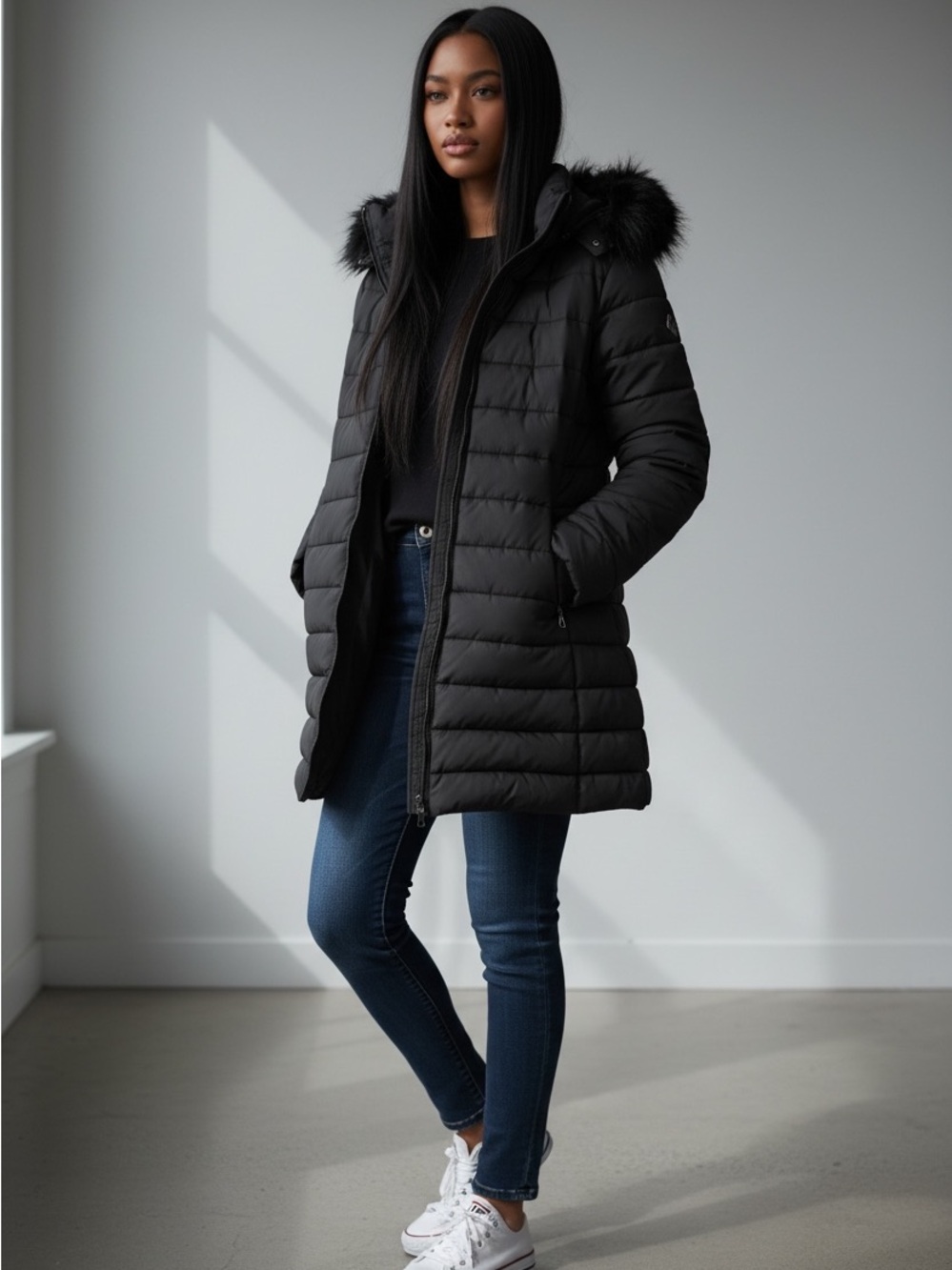 Women’s Black Hooded Long Puffer Coat with Faux Fur Trim - Picture 2 of 5